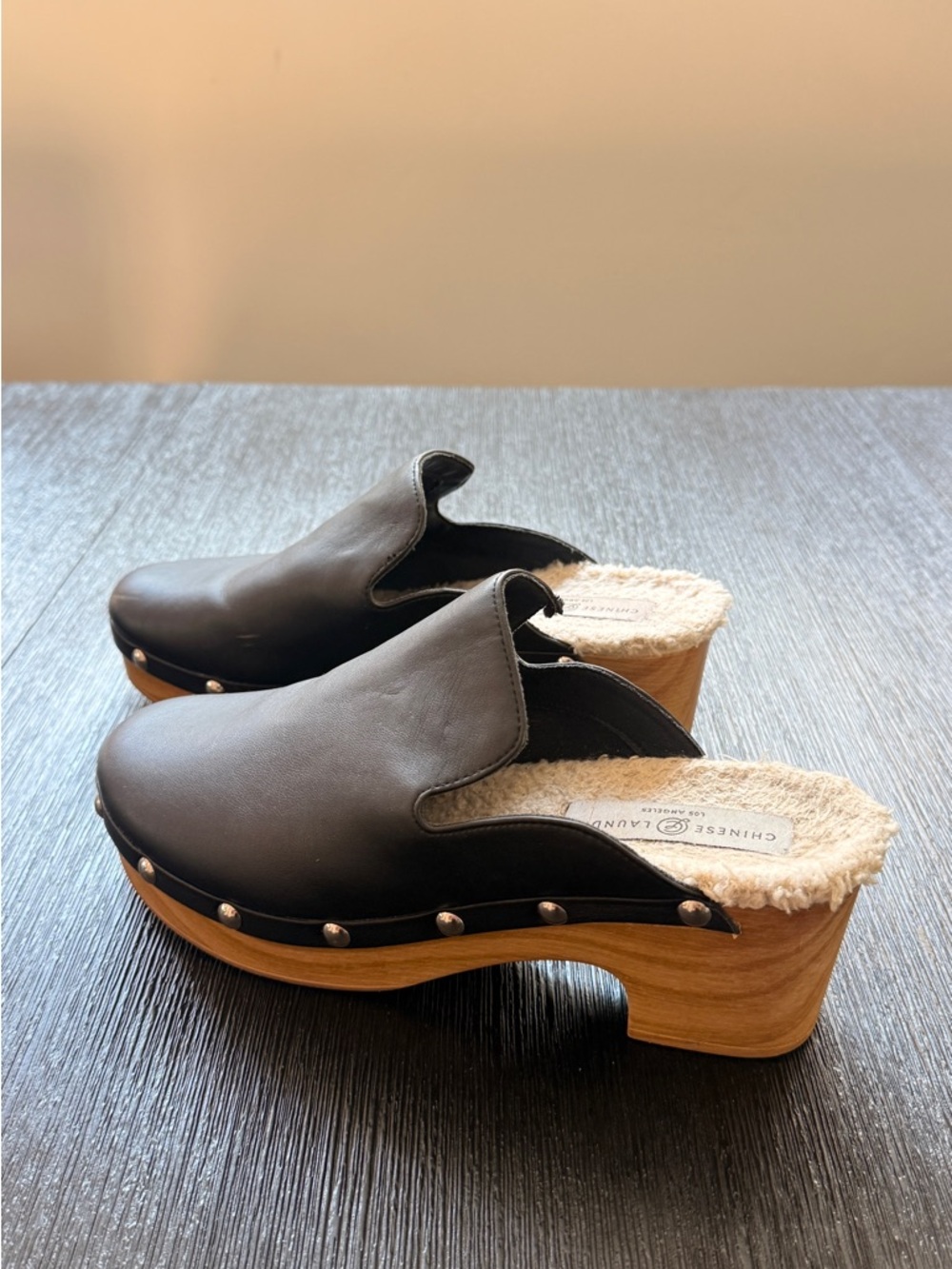Chinese Laundry Black Leather Fur-Trimmed Wooden Clog Mules